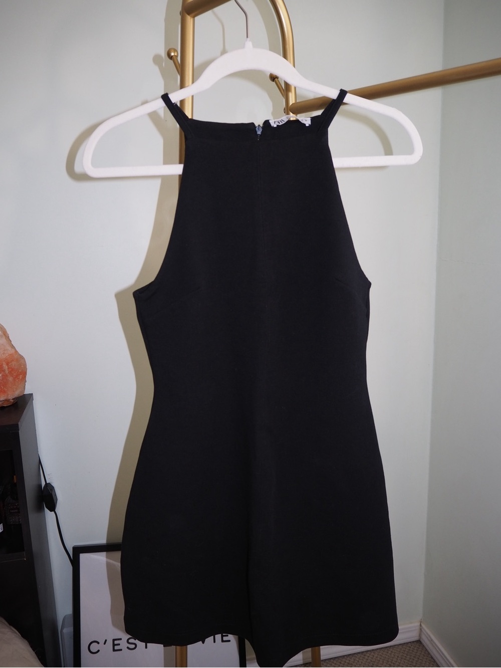 ZARA Black High Neck Cutaway Halter Tank Top Back Zip - Size S